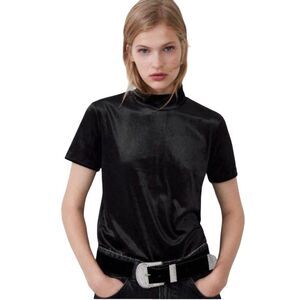 Zara Trafaluc Black Velvet Short Sleeve Mock Neck T-Shirt